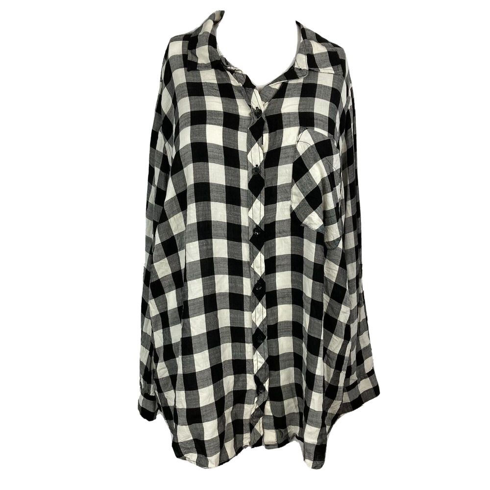 Terra & Sky Shirt Womens Sz 1X Black White Buffalo Check Button Up Collar